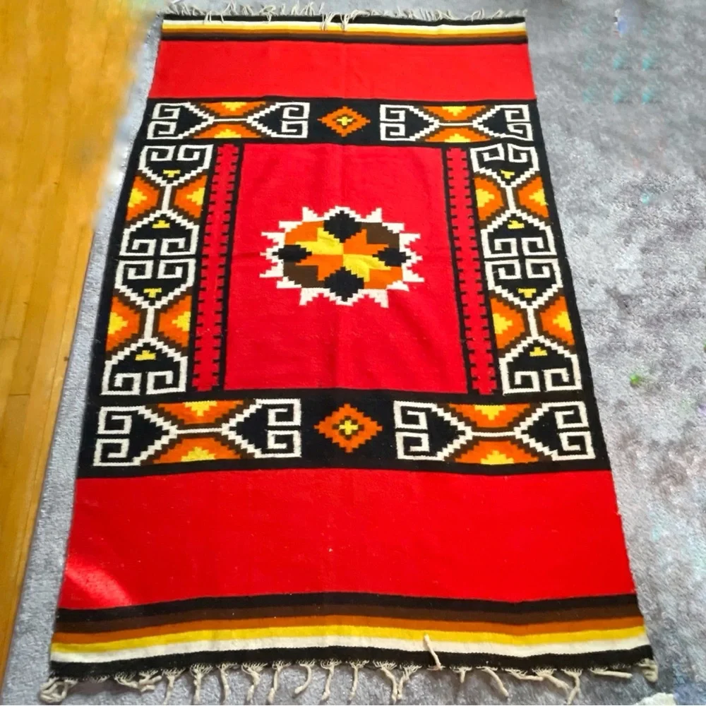 Vintage Woven Blanket Southwestern Fringe Rug Throw Red Native Tribal Design